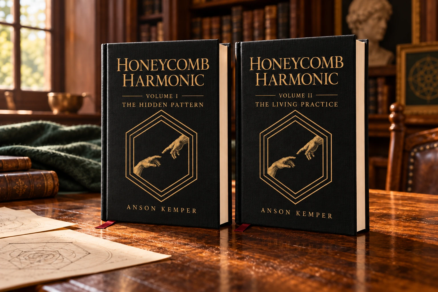 Two black linen Honeycomb Harmonic volumes, The Hidden Pattern and The Living Practice, on a walnut reading table